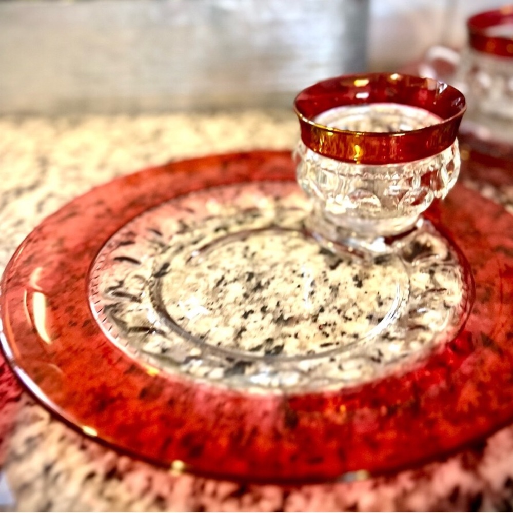 Stunning 1940s Tiffin Franciscan Kings Crown Thumbprint Ruby Red Flashed 8pc Set - Picture 4 of 16